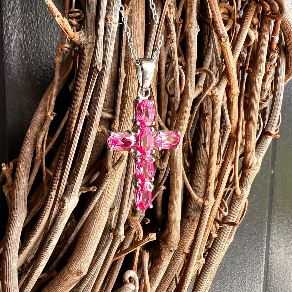 Sterling Raspberry Rhodolite Garnet Cross Pendant